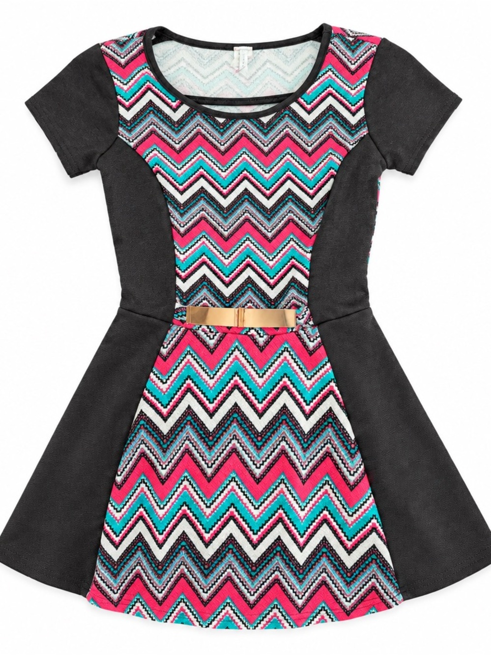 Discreet Chevron Fit & Flare Top in Pink, Teal & Black with Silver Accent